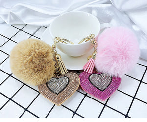 Pompom Keychain Rhinestone Heart Women's Bags Key Ring Handmade