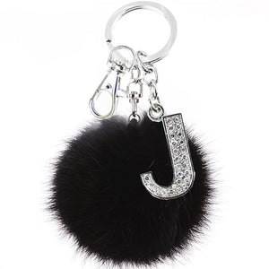 TEH Fluffy Black Pompom Faux Rabbit Fur Ball Keychains Crystal Letters Key